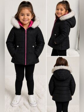 NWT Weather Tamer Girls Puffer Coat Size 4 Faux Fur Hood Pink Black